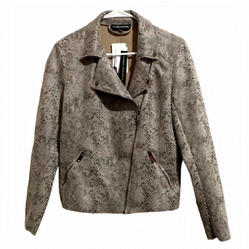 CATHERINE Malandrino Moto Faux Leather Jacket Snake-Print Asymmetrical Zip Small